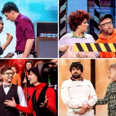 Cztery sceny z kabaretu Czesuaf: mężczyźni w strojach, kobiety i mężczyźni w scenkach komediowych.
