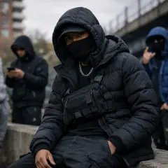 Młodzi mężczyźni w kapturach i maskach, jeden z nich to drillowiec z torbą na piersi.
