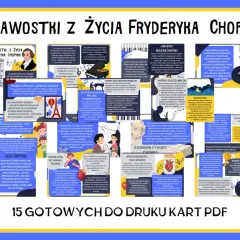 Ilustracja przedstawia kolaż z ciekawostkami o Chopinie, z portretem kompozytora i nutami.