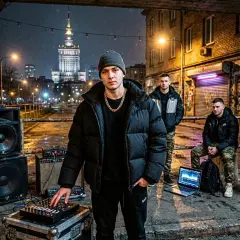 Młodzi mężczyźni w zimowych kurtkach i czapkach stoją przy sprzęcie DJ-skim i głośnikach na tle nocnego miasta.
