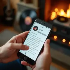 Ręce trzymają smartfon z tekstem piosenki "Linif Rogica". W tle kominek i gramofon. Co to za hit!