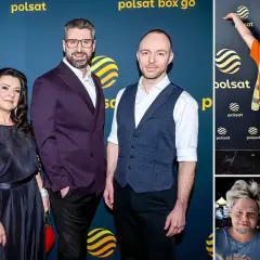 Grupa osób pozuje do zdjęć na tle niebieskiej ścianki z logo Polsat Box Go.
