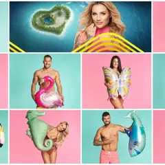 Uczestnicy Love Island 4 pozują z dmuchanymi zabawkami: ustami, delfinem, flamingiem, motylem, drinkiem, foką, papugą, rekinem i narwalem.