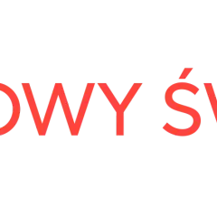 Logo Radia Nowy Świat: czerwone pionowe linie symbolizujące fale dźwiękowe i napis "RADIO NOWY ŚWIAT" w kolorze czerwonym.