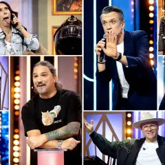 Kolaż zdjęć komików na scenie, w tym kobiety z telefonem, mężczyzny z mikrofonem i w strojach historycznych.