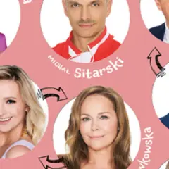 Portrety aktorów z filmu "O mało co" z podpisami i strzałkami wskazującymi relacje.