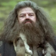 Rubeus Hagrid, grany przez aktora Robbiego Coltrane'a, z bujną brodą i rozwichrzonymi włosami, w charakterystycznym płaszczu.