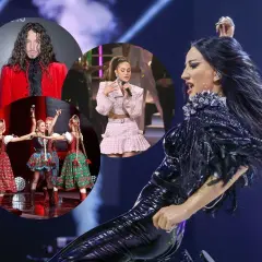 Kobieta w błyszczącym stroju na scenie, obok kolaż zdjęć z Eurowizji: mężczyzna w czerwonej marynarce, dziewczyny w strojach ludowych, artystka w różowym komplecie.