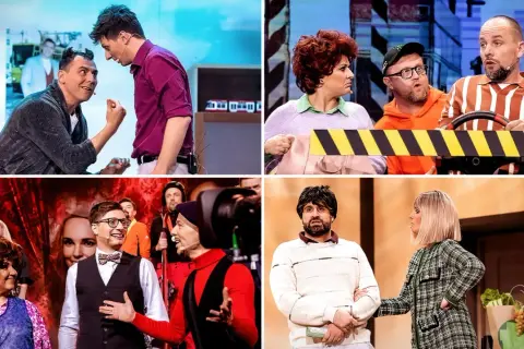 Cztery sceny z kabaretu Czesuaf: mężczyźni w strojach, kobiety i mężczyźni w scenkach komediowych.