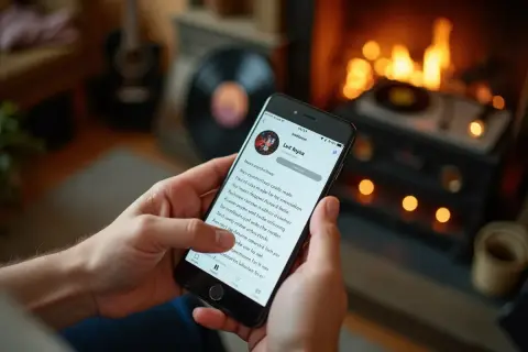 Ręce trzymają smartfon z tekstem piosenki "Linif Rogica". W tle kominek i gramofon. Co to za hit!