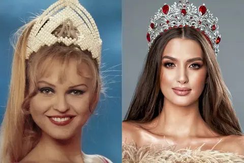Dwie Miss Polski w koronach. Jedna z lat 90. z blond włosami i perłową tiarą, druga współczesna z brązowymi włosami i czerwoną tiarą.