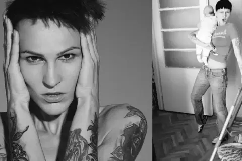 Agnieszka Chylińska z dzieckiem na ręku, w tle drzwi i odkurzacz. Po lewej zbliżenie na twarz artystki z dłońmi na skroniach.