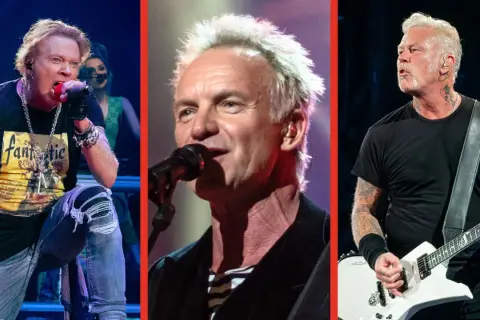 Trzy portrety muzyków: Axl Rose, Sting i James Hetfield na scenie.