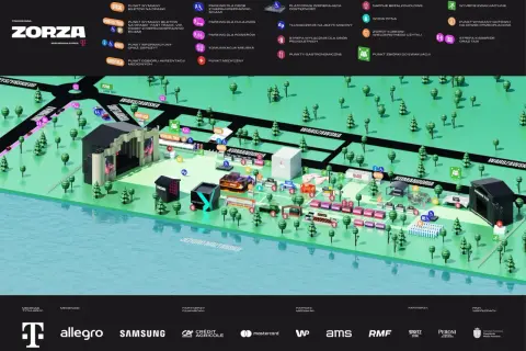 Mapa festiwalu ZORZA Poznań z zaznaczonymi punktami: parkingi, gastronomia, punkty medyczne, strefy VIP i inne.