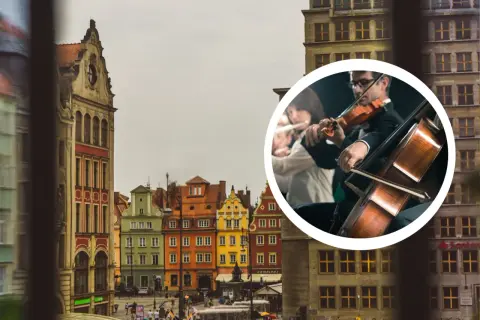 Koncert kameralny na tle kolorowych kamienic we Wrocławiu.