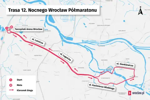 Mapa trasy 12. Nocnego Wrocław Półmaratonu z zaznaczonym startem (S) i metą (M).