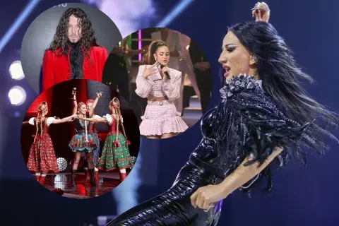 Kobieta w błyszczącym stroju na scenie, obok kolaż zdjęć z Eurowizji: mężczyzna w czerwonej marynarce, dziewczyny w strojach ludowych, artystka w różowym komplecie.