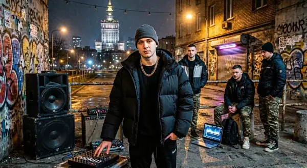 Młodzi mężczyźni w zimowych kurtkach i czapkach stoją przy sprzęcie DJ-skim i głośnikach na tle nocnego miasta.