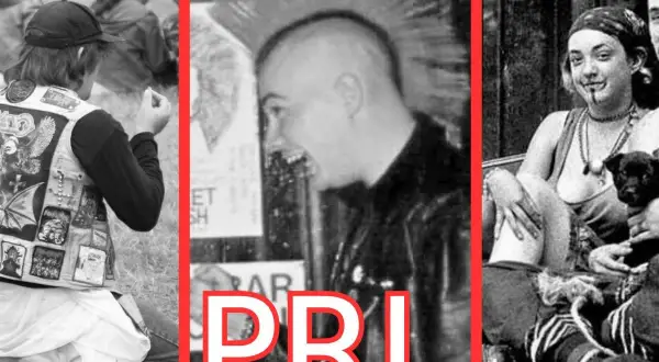 Trzy czarno-białe zdjęcia: osoba w kamizelce z naszywkami, punkowiec z irokezem, para z psem.