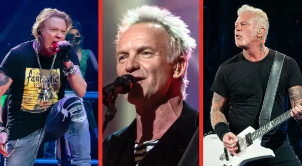 Trzy portrety muzyków: Axl Rose, Sting i James Hetfield na scenie.