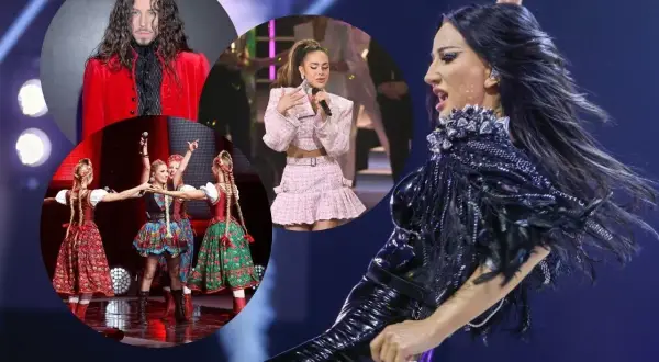 Kobieta w błyszczącym stroju na scenie, obok kolaż zdjęć z Eurowizji: mężczyzna w czerwonej marynarce, dziewczyny w strojach ludowych, artystka w różowym komplecie.