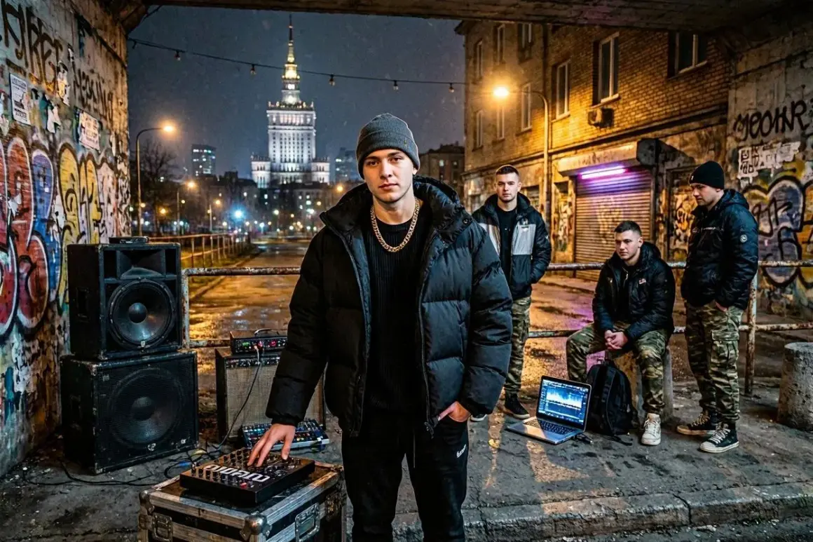 Młodzi mężczyźni w zimowych kurtkach i czapkach stoją przy sprzęcie DJ-skim i głośnikach na tle nocnego miasta.