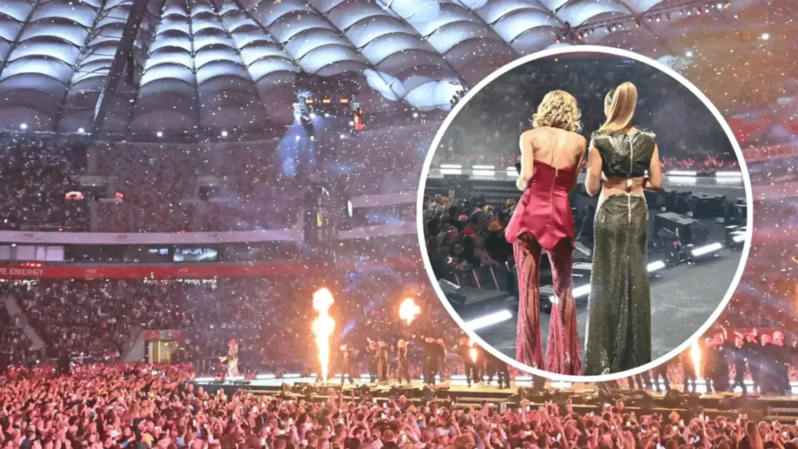Koncert PGE Narodowy w deszczu konfetti. Dwie artystki w błyszczących strojach na scenie, tłum fanów w ekstazie.