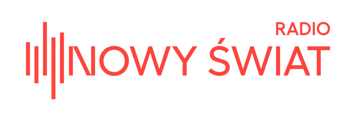 Logo Radia Nowy Świat: czerwone pionowe linie symbolizujące fale dźwiękowe i napis "RADIO NOWY ŚWIAT" w kolorze czerwonym.