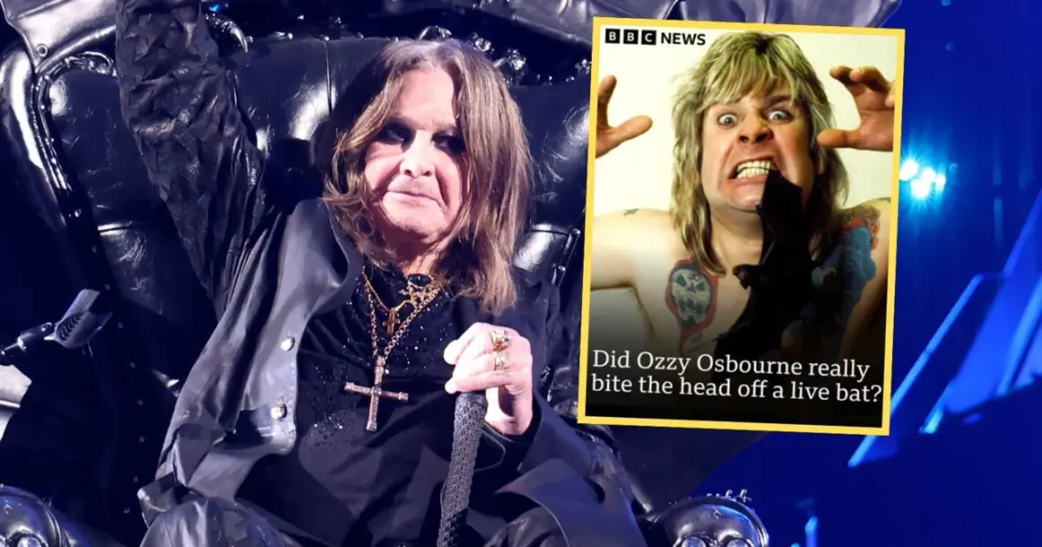 Ozzy Osbourne, w czarnej, skórzanej kurtce, siedzi na tronie. Obok niego zdjęcie z nagłówkiem BBC News: "Czy Ozzy Osbourne naprawdę ugryzł żywego nietoperza?".
