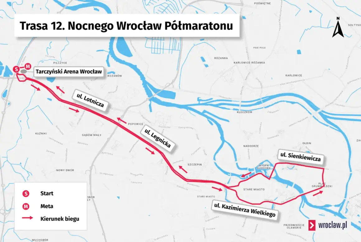Mapa trasy 12. Nocnego Wrocław Półmaratonu z zaznaczonym startem (S) i metą (M).