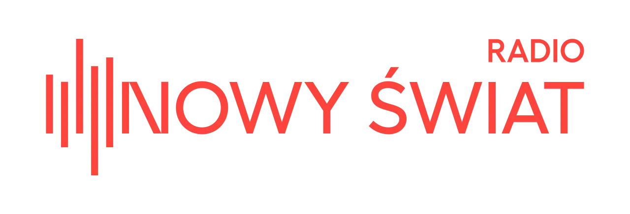 Logo Radia Nowy Świat. Czerwone pionowe linie symbolizujące fale dźwiękowe obok napisu
