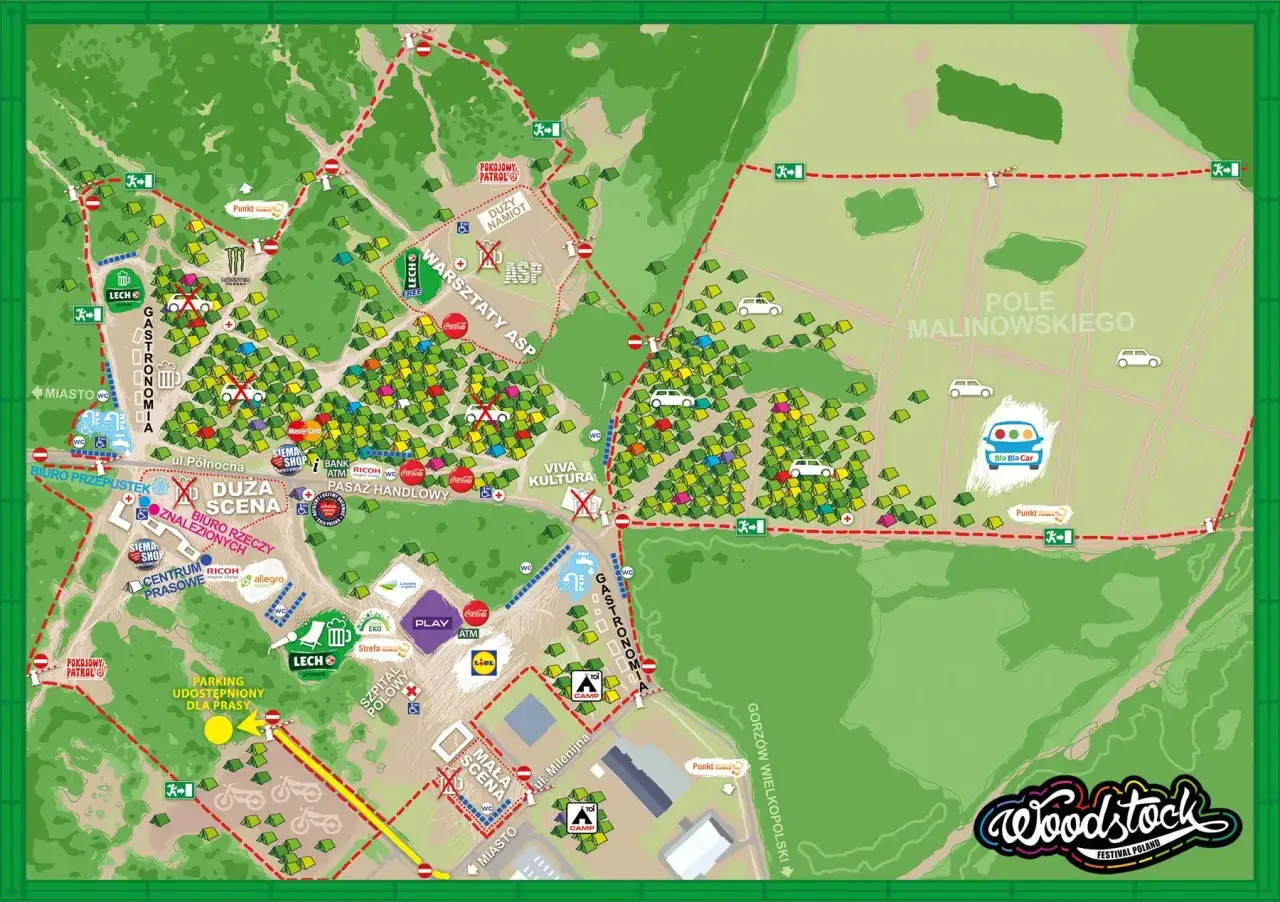 Mapa festiwalu PolandRock 2026 z polami namiotowymi, scenami, gastronomią, punktami usługowymi i parkingami.