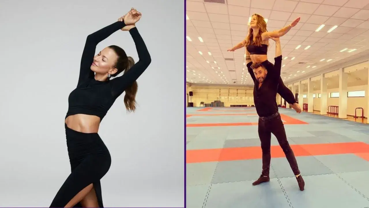 Anna Lewandowska w czarnej stylizacji, a obok niej para tańcząca bachata.