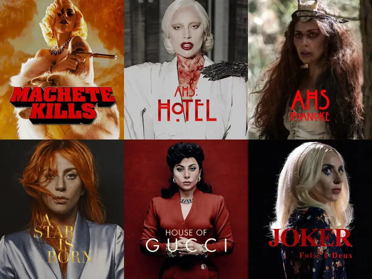 Lady Gaga w rolach z różnych filmów i seriali: Machete Kills, AHS: Hotel, AHS Roanoke, Narodziny gwiazdy, House of Gucci, Joker: Folie à Deux.
