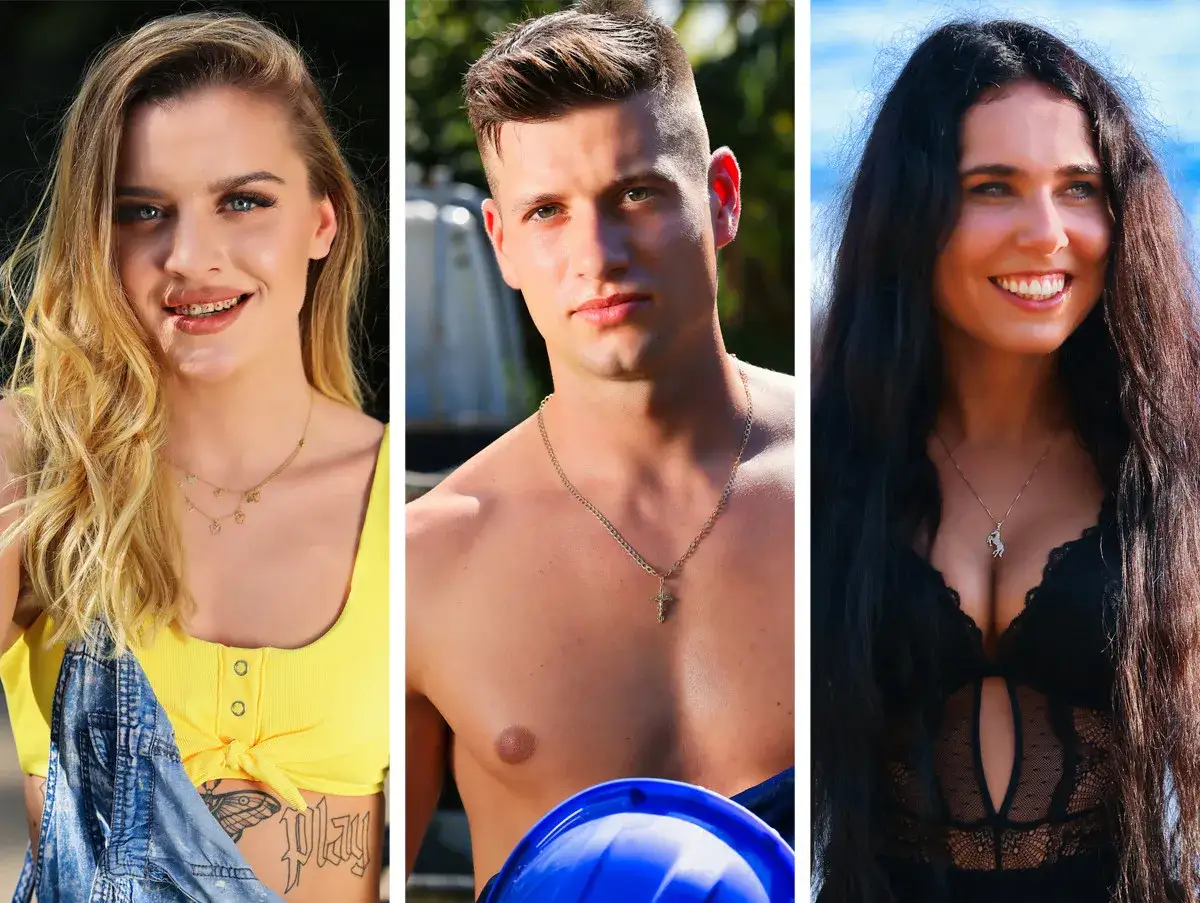 Trzech uczestników Hotel Paradise 5: blondynka w żółtym topie, mężczyzna z niebieskim kaskiem i brunetka w czarnej koronkowej bluzce.