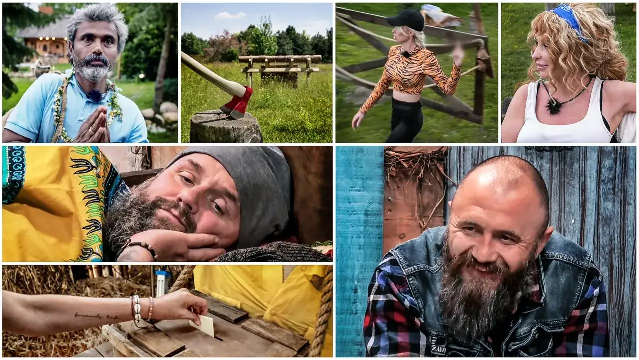 Kto odpadł z farmy? Widać tu uczestników, topór, rękę wrzucającą kartkę do skrzynki i ujęcia z życia na wsi.