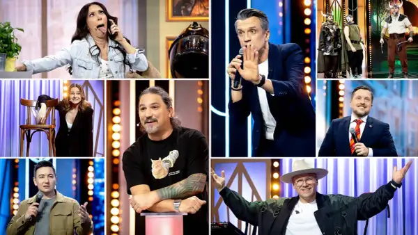 Kolaż zdjęć komików na scenie, w tym kobiety z telefonem, mężczyzny z mikrofonem i w strojach historycznych.