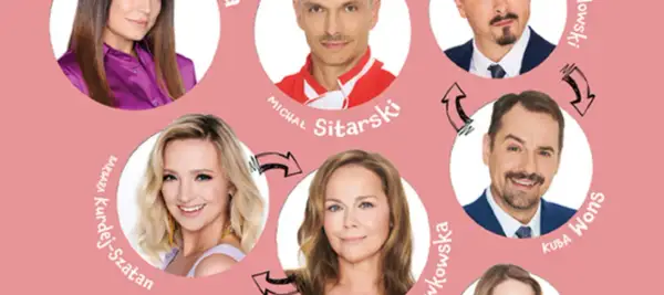 Portrety aktorów z filmu "O mało co" z podpisami i strzałkami wskazującymi relacje.